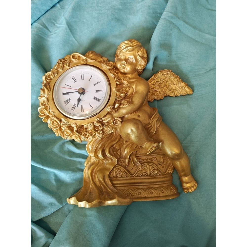 The Import Collection Cherub Wall Clock Gold Excellent Ornate Angel Rose Floral